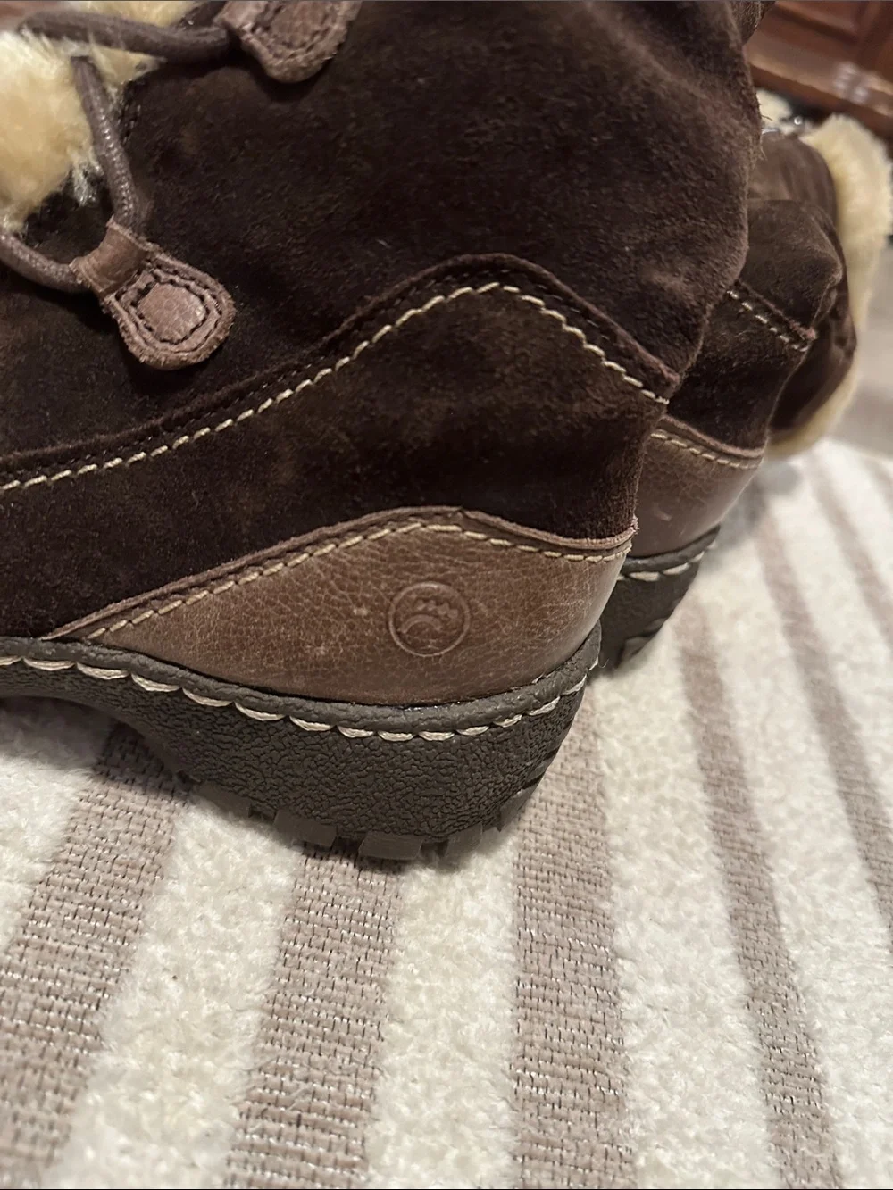 BareTraps Brown Suede Lace-Up Winter Boots with Cream Faux Fur Trim